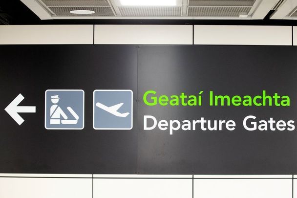 Signs for Dublin Airport\'s departure gates. The Irish airport has been experiencing lengthy delays in recent days due in part to staff shortages.