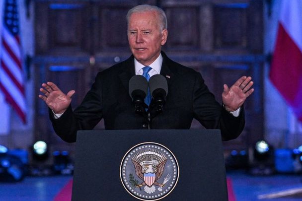 March 26, 2022:  US President Joe Biden delivers a speech at the Royal Castle in Warsaw, Poland. In Poland yesterday, Biden met with the Polish president as well as US troops stationed near the Ukrainian border, bolstering NATO\'s eastern flank.