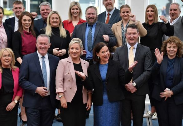 April 4, 2022: Sinn Féin president Mary Lou McDonald and Northern leader Michelle O\'Neill with party candidates ahead during the Sinn Féin candidate election launch at the Titanic Hotel in Belfast, Northern Ireland. Following the resignation of the DUPs Paul Givan as Northern Ireland First Minister, the province will go to the polls on May 5th with many political experts predicting Sinn Féin polling as the North\'s largest party with Sinn  Féin deputy leader Michelle O\'Neill potentially elected as the new First Minister. 