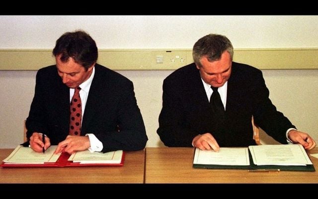 April 10, 1998: Taoiseach and Fianna Fail leader Bertie Ahern (right) and British Prime Minister Tony Blair (left) at Castle Buildings Belfast, signing the peace agreement which will allow the people of Northern Ireland to decide their future.