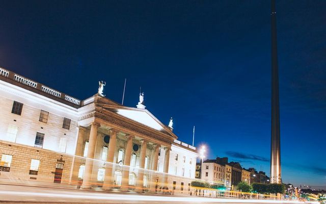 General Post Office building and the Spire on O\'Connell Street in Dublin, Ireland.