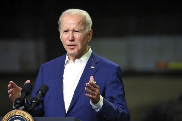 April 12, 2022: US President Joe Biden speaks to guests during a visit to POET Bioprocessing in Menlo, Iowa.