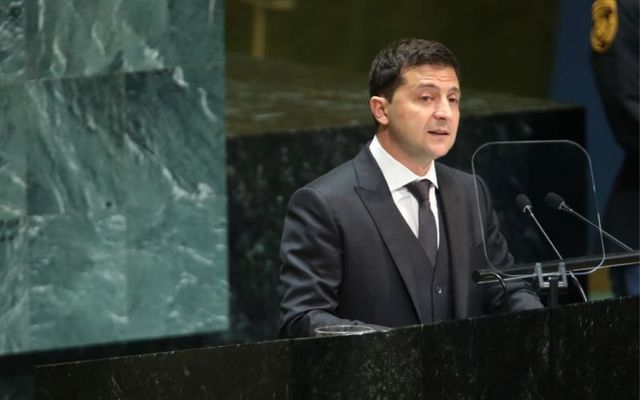 Ukrainian President Volodymyr Zelenskyy speaks at the 74th United Nations General Assembly on September 25, 2019, in New York City. 