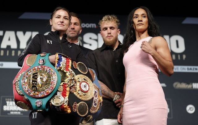 April 28, 2022: Katie Taylor of Ireland (L) and Amanda Serrano of Puerto Rico (R) face off during a press conference prior to their World Lightweight Title fight at The Hulu Theater at Madison Square Garden in New York City.