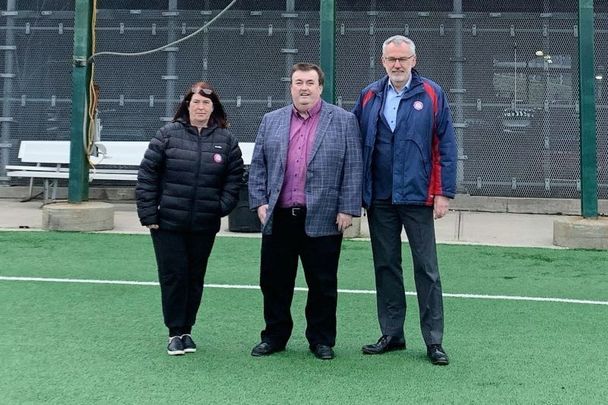 April 19, 2022: New York GAA Chairperson Joan Henchy, Irish Diaspora Minister Colm Brophy, and GAA President Larry McCarthy at Gaelic Park in The Bronx, New York.