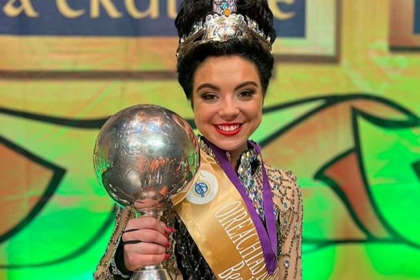 Orla Mullane Godley with her globe trophy after winning the CLRG World Irish Dancing Champions Ladies 21-23 category in Belfast, Northern Ireland.