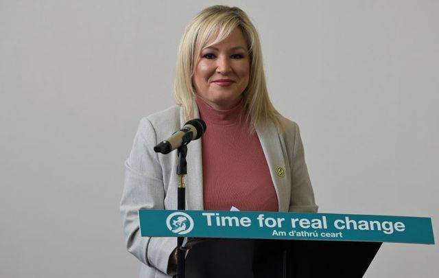 April 25, 2022: Sinn Féin northern leader Michelle O\'Neill talks following the Sinn Féin election manifesto launch in Belfast, Northern Ireland. As Northern Ireland elects a new Assembly on May 5, polls suggest Sinn Féin could emerge as the largest party and determine the country\'s first minister.