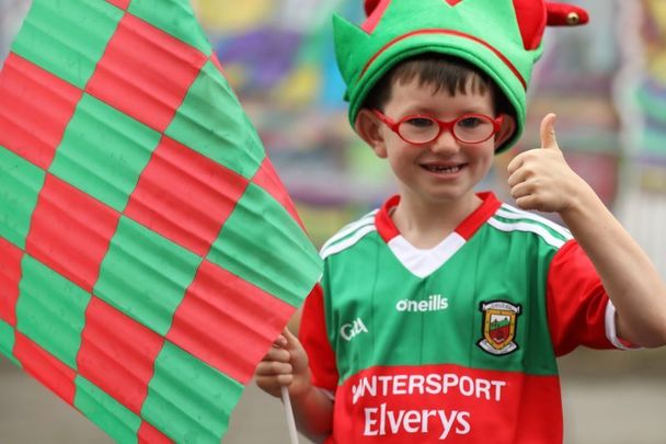 August 14, 2021: Mayo has some of the most diehard fans in Ireland! James Wall, 6, at Croke Park to support his team in the GAA football semi-finals against Dublin.