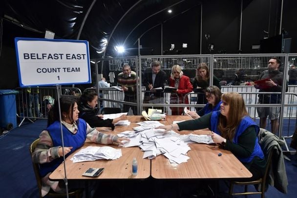 May 6, 2022:  Election officials tally votes for the Northern Ireland Assembly election at the Belfast count centre in Belfast, Northern Ireland. This election will elect 90 members to the Northern Ireland Assembly. It will be the seventh election since the Assembly was established in 1998.
