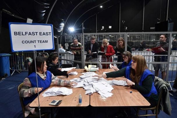 Election officials tally votes for the Northern Ireland Assembly election at the Belfast count centre in Belfast, Northern Ireland. This election will elect 90 members to the Northern Ireland Assembly. It will be the seventh election since the Assembly was established in 1998.
