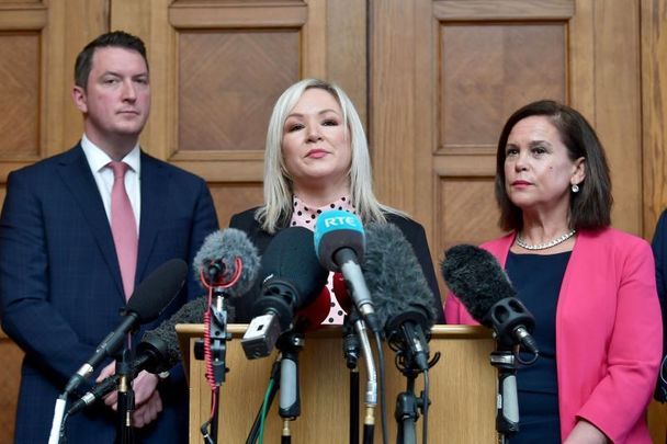 May 9, 2022: Sinn Féin leader Mary Lou McDonald (R), Sinn Féin deputy leader Michelle O\\\'Neill (C) with John Finucane (L) hold a press conference following a meeting with NI Secretary of State Brandon Lewis at Stormont in Belfast, Northern Ireland. Sinn Féin were returned as Northern Ireland\\\'s largest party following last week\\\'s NI Assembly elections with Michelle O\\\'Neill now First Minister-elect if a power-sharing government can be formed with the DUP.