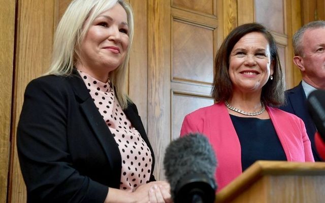 May 9, 2022: Sinn Féin leader Mary Lou McDonald (R) and deputy leader Michelle O\'Neill (L) hold a press conference following a meeting with NI Secretary of State Brandon Lewis at Stormont in Belfast, Northern Ireland. Sinn Féin were returned as Northern Irelands largest party following last weeks NI Assembly elections with Michelle O\'Neill now First Minister-elect if a power sharing government can be formed with the DUP. 