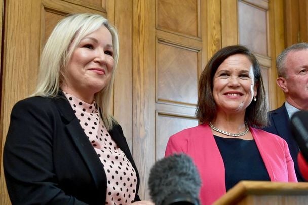 May 9, 2022: Sinn Fein leader Mary Lou McDonald (R) and deputy leader Michelle O\'Neill (L) hold a press conference following a meeting with NI Secretary of State Brandon Lewis at Stormont in Belfast, Northern Ireland. Sinn Fein were returned as Northern Ireland\'s largest party following last week\'s NI Assembly elections with Michelle O\'Neill now First Minister-elect if a power-sharing government can be formed with the DUP. 