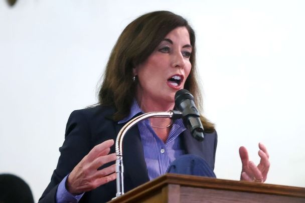 May 15, 2022: New York Governor Kathy Hochul, a Buffalo native, speaks during an interfaith service at Macedonia Baptist Church held to mourn the Tops market shooting victims in Buffalo, New York. The attack was believed to be motivated by racial hatred.