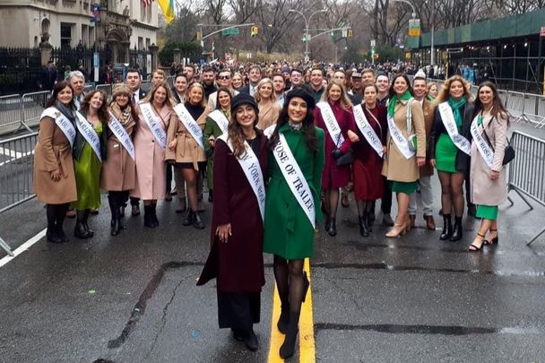 The 2019 New York Rose Elena Evangelou (front left) with other International Roses marching in the 2022 New York City St. Patrick\'s Day Parade.