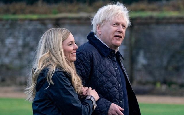 Ophelia Lovibond as Carrie Johnson (left) and Kenneth Branagh as Prime Minister Boris Johnson in Sky Atlantic\'s \"This England.\"