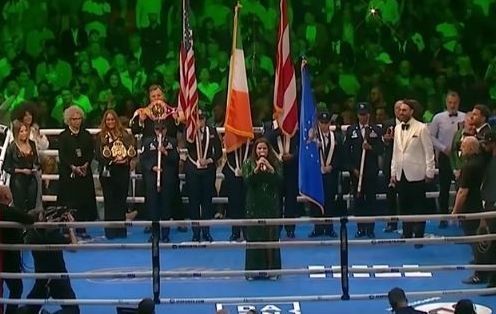 Cathy Maguire during her performance of Amhrán na bhFiann at Madison Square Garden last month. 