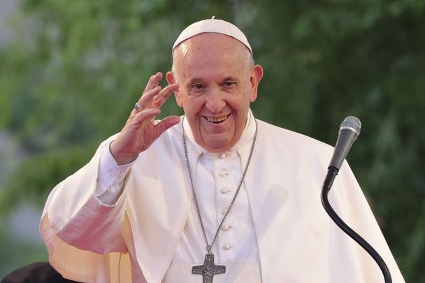September 14, 2021: Pope Francis waves to onlookers while visiting the predominantly Roma Lunik IX city district during his visit in Kosice, Slovakia. 