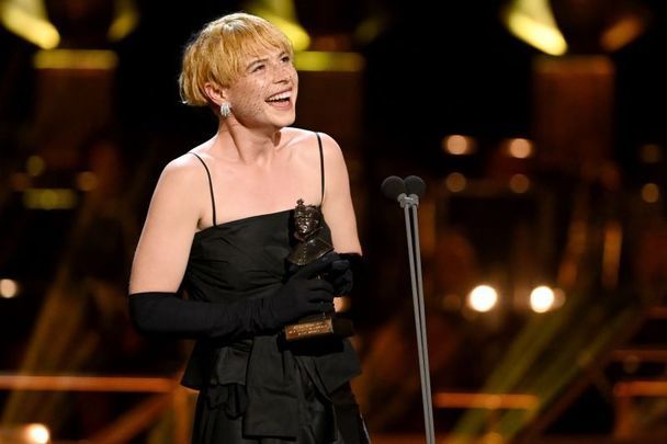 April 10, 2022: Jessie Buckley accepts the award for Best Actress in a Musical for \"Cabaret\" on stage during The Olivier Awards 2022 with MasterCard at the Royal Albert Hall in London, England. 