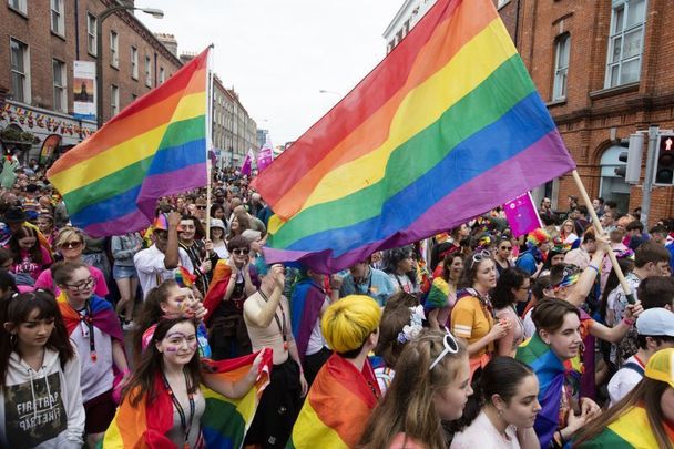 June 29, 2019 Dublin Pride Parade arrives at Westland Row on its way to Merrion Park in Dublin city centre.