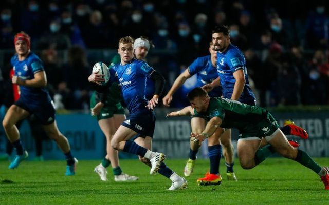 December 3, 2021: Nick McCarthy of Leinster is challenged by Peter Robb of Connacht during the United Rugby Championship match between Leinster and Connacht at RDS Arena in Dublin.