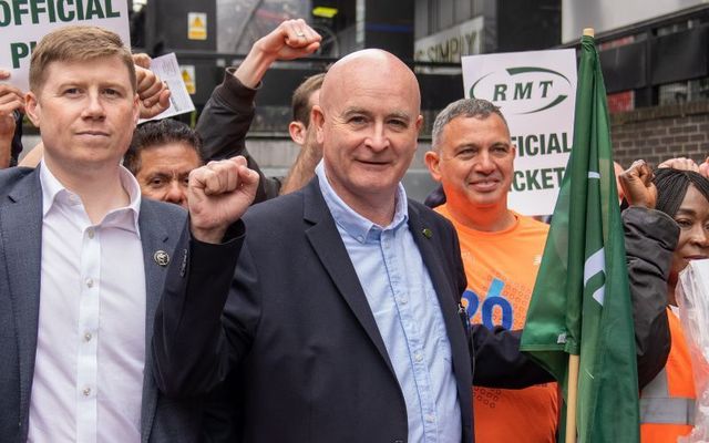 June 23, 2022: Mick Lynch, Secretary-General of the National Union of Rail, Maritime and Transport Workers, joins the picket line outside Euston Station in London, United Kingdom.