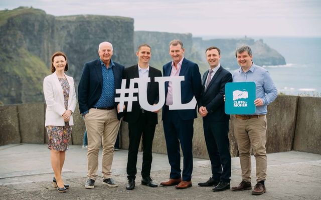 PhD student Ernesto Sanchez (third from left) is pictured with Geraldine Enright, Director of Cliffs of Moher Visitor Experience, Bobby Kerry, Chair of the Board of Cliffs of Moher; Jim Deegan, Professor of Tourism Policy and Director of the National Centre for Tourism Policy Studies (UL); Leonard Cleary, Director of Rural Development, Clare County Council; and Eoin Flanagan, Human Resource Manager, Cliffs of Moher Experience. 