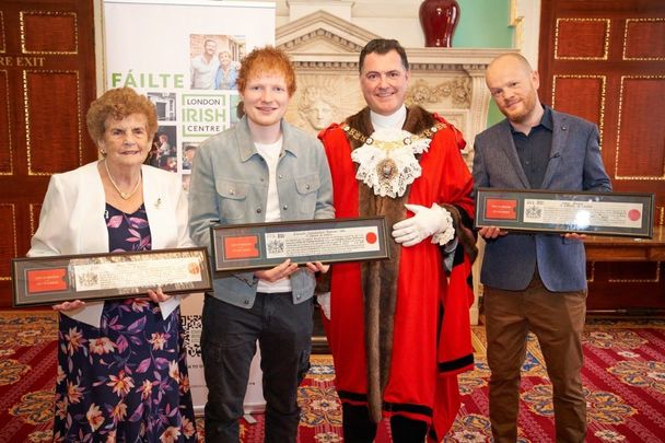 Maeve Heath, Ed Sheeran, the Lord Mayor of the City of London, Vincent Keaveny and Gary Dunne.