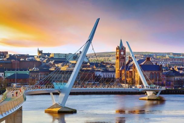 The Peace Bridge, connecting Ebrington Square with the rest of the city centre, across the River Foyle in Derry, Northern Ireland.