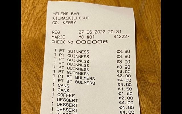 Eimhin Boland shared his receipt from Helen\'s Bar in Kilmackillogue, Co Kerry that featured cheap pints and grub.