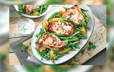 Bacon chops with warm potato salad and peas recipe