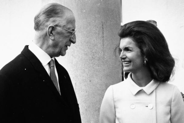 July 3, 1967: President of Ireland Eamon de Valera talking to US First Lady Jacqueline Kennedy at Áras an Uachtaráin in Dublin, Ireland.