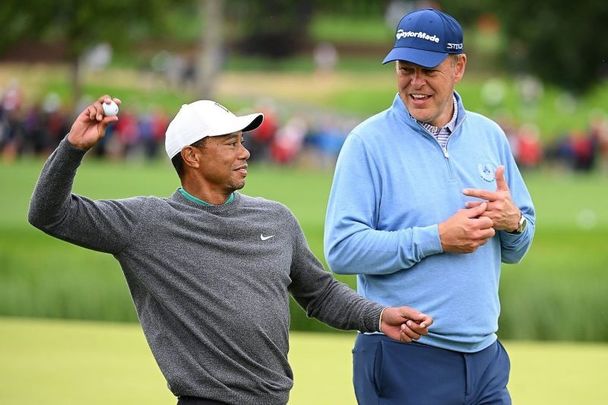 July 5, 2022: British entrepreneur Peter Jones (R) with playing partner Tiger Woods as they finish their round during Day Two of the JP McManus Pro-Am at Adare Manor in Limerick, Ireland