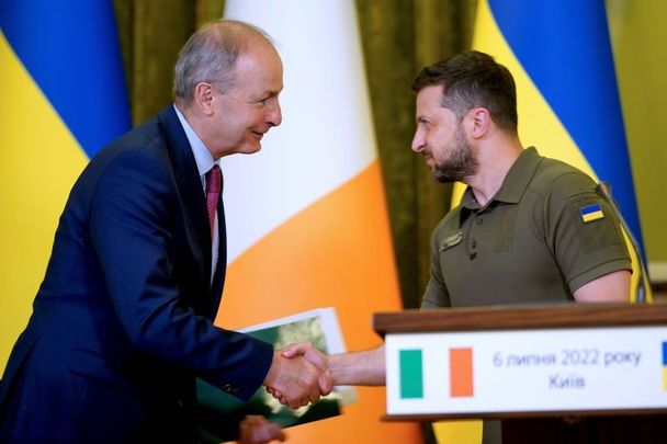July 6, 2022: Taoiseach Micheál Martin shakes hands with Ukrainian President Volodymyr Zelenskyy during a joint press conference in Kyiv, Ukraine.