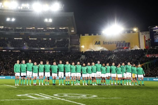 July 2, 2022: Ireland sing the national anthem during the International test match in the series between the New Zealand All Blacks and Ireland at Eden Park in Auckland, New Zealand.