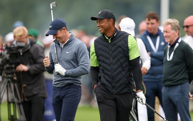 Rory McIlroy and Tiger Woods share a joke at the JP McManus Pro-Am at Adare Manor on July 4. 