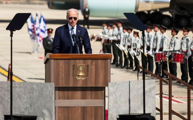 U.S. President Joe Biden speaks during the welcome ceremony during his visit to Israel on July 13, 2022 in Lod, Israel. 