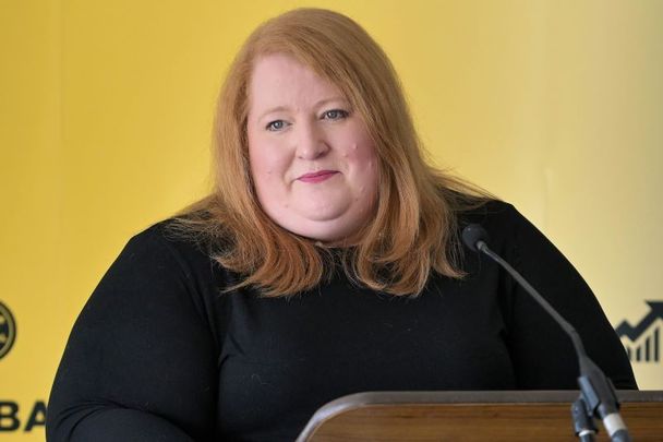 April 27, 2022: Alliance party leader Naomi Long speaks during the Alliance party manifesto launch at CIYMS recreational grounds in Belfast, Northern Ireland. The Alliance Party of Northern Ireland is a non-sectarian party that is not designated as either Unionist or Nationalist.
