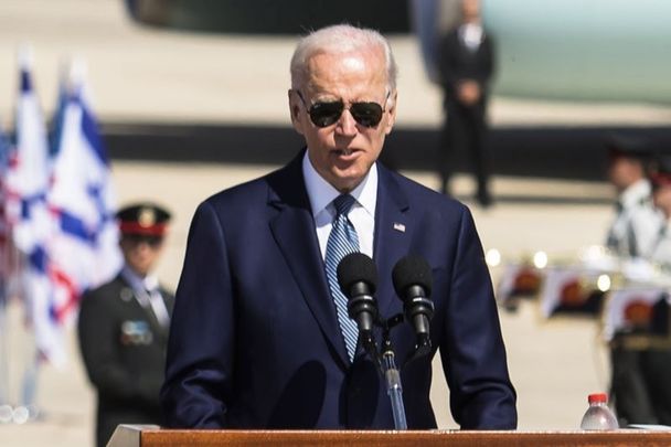 July 13, 2022: President Joe Biden speaks during the welcome ceremony during his visit to Israel in Lod, Israel.