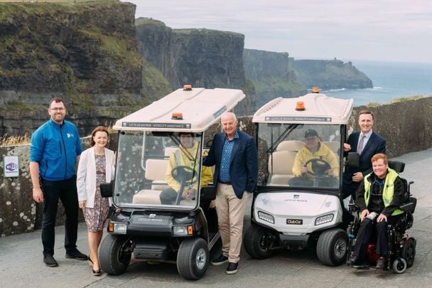 (L-R) Mark O’Shaughnessy (Head of Operations); Geraldine Enright, Director, Niall Hegarty, Customer Service Agent; Paul Hogan, Customer Service Agent; Bobby Kerr, Chair of the Board of Cliffs of Moher Centre DAC; Leonard Cleary, Director of Rural Development & West Clare Municipal District, Clare County Council; and Patricia McNamara – Customer Service Agent.