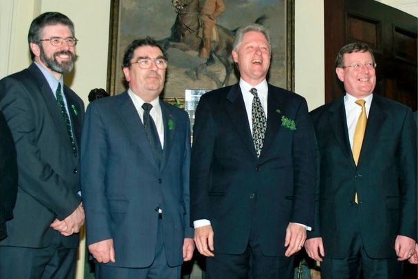 March 17, 2000: US President Bill Clinton, second from right, with Sinn Fein President Jerry Adams, left, Social Democratic Labor Party Leader, John Hume, second from left, and First Minister, David Trimble at the White House in Washington, D.C. The three met with Clinton on St Patrick\'s Day to try to resolve current problems in Northern Ireland that have forced Britain to dissolve the Northern Ireland Assembly.