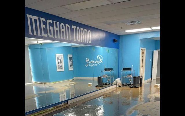 Flooding inside the Meghan Torno School of Irish Dance\'s studio in St. Louis, Missouri, which was hit by historic rainfall on July 26.