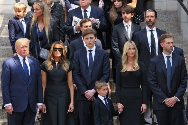 July 20, 2022: Former US President Donald Trump and his wife Melania Trump along with their son Barron Trump, and Ivanka Trump, Eric Trump, and Donald Trump Jr. and their children watch as the casket of Ivana Trump is put in a hearse outside of St. Vincent Ferrer Roman Catholic Church during her funeral in New York City. Ivana Trump, the first wife of former US President Donald Trump, died at the age of 73 after a fall down the stairs of her Manhattan home.