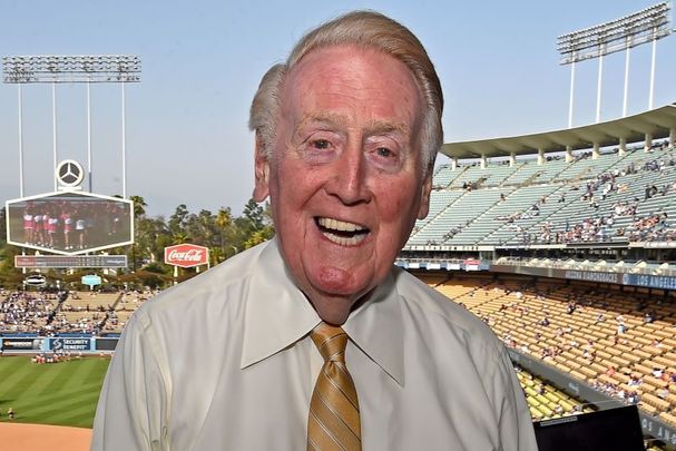 July 30, 2016: Los Angeles Dodgers broadcaster Vin Scully in the booth before the game between the Los Angeles Dodgers and the Arizona Diamondbacks at Dodger Stadium in Los Angeles, California.