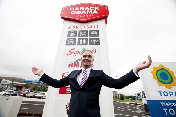 July 4, 2014: Henry Healy, Development Manager and a relation of President Obama, at the Barack Obama Plaza in Moneygall, Co Offaly, the village in which President Barack Obama\'s ancestors were born.