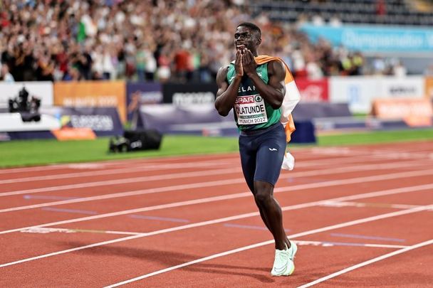 August 16, 2022: Israel Olatunde of Ireland celebrates after the Athletics - Men\'s 100m Final on day 6 of the European Championships Munich 2022 at Olympiapark in Munich, Germany. 