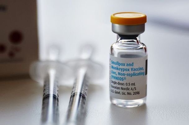 A vial of the Jynneos monkeypox vaccine at a pop-up vaccination clinic in California in the US.