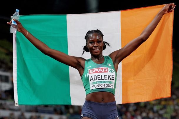 August 17, 2022: Rhasidat Adeleke of Ireland celebrates following the Women\'s 400m Final during the Athletics competition on day 7 of the European Championships Munich 2022 at Olympiapark in Munich, Germany.