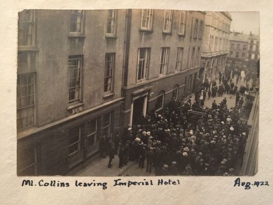 Michael Collins leaving the Imperial Hotel, on the South Mall, in Cork City the morning before he was murdered. 