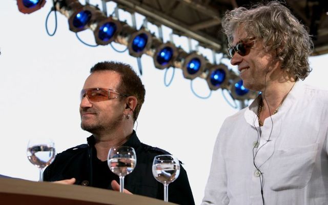 Bono and Bob Geldof perform on stage during the \'Music And Messages\' concert on June 7, 2007, in Rostock, Germany.